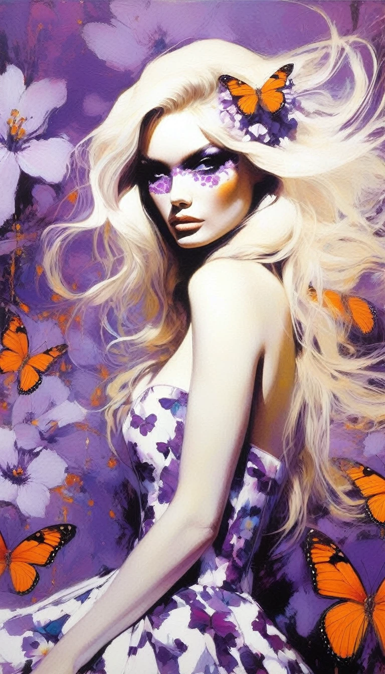 butterfly style, white hell, sexy, flower, floral print, butterfly, long hair, blonde hair, floral dress, bow, masterpiece, best quality, purple eyes, (art inspired by Bill Sienkiewicz). oil painting)