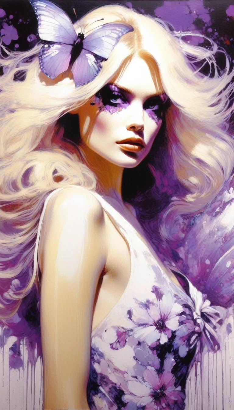 butterfly style, white hell, sexy, flower, floral print, butterfly, long hair, blonde hair, floral dress, bow, masterpiece, best quality, purple eyes, (art inspired by Bill Sienkiewicz). oil painting)
