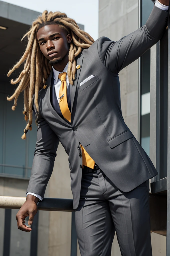 21 year old man from Congo, bulky muscular body, blonde dreadlock hair, strong, in gray business suit, on football field, heroic pose