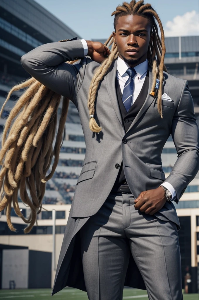 21 year old man from Congo, bulky muscular body, blonde dreadlock hair, strong, in gray business suit, on football field, heroic pose