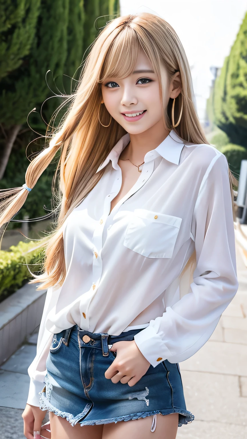 Sexy big , beautiful girl looks sexy and cute&Cute beautiful sexy face、A strong wind blows my hair in front of my face,Beautiful super long metallic blonde dreadlocks、Her long hair hides her beautiful, cute and sexy eyes.。、Belly button shirt、Very short ruffled miniskirt、Turn around and look at me with a smile、Cute eyes hidden by long bangs、yawn、Double teeth、Reduces the appearance of nasolabial folds、