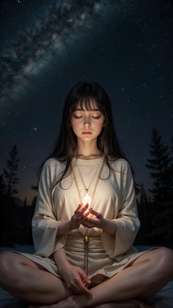 [Big Saturn appearing in starry sky near woman meditating focus]]