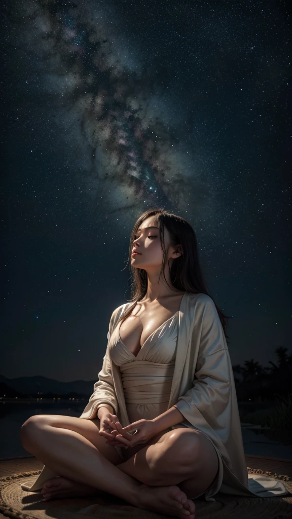 [Big Saturn appearing in starry sky near woman meditating focus]]