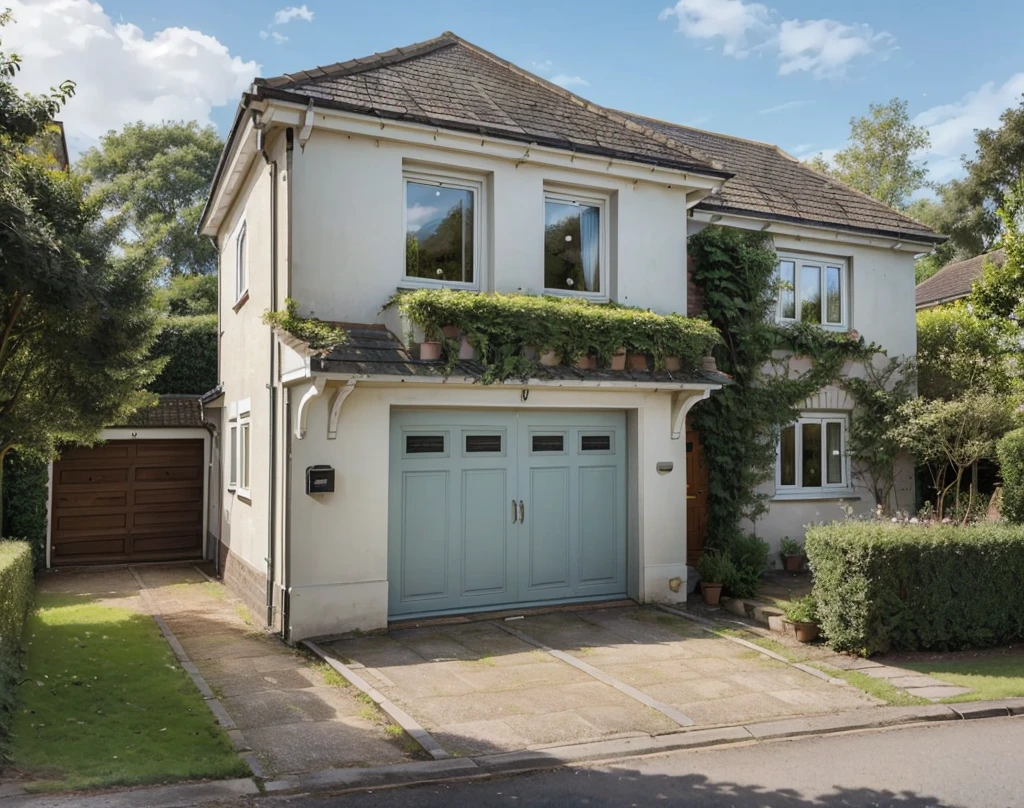 a beautiful three bedroom house in small English town, with beautiful nature. House has a garage at the corner, Big window on the first floor, stairs leading to the main door and portico. Medium size house. Single storey house. Car parking area on the side. Add stairs in the front of the house.