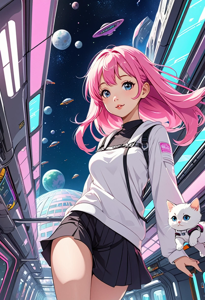 Anime style woman, bright pink hair floating in a space city, city with futuristic buildings, low gravity, space subway, space tunnels, cute kittens floating.