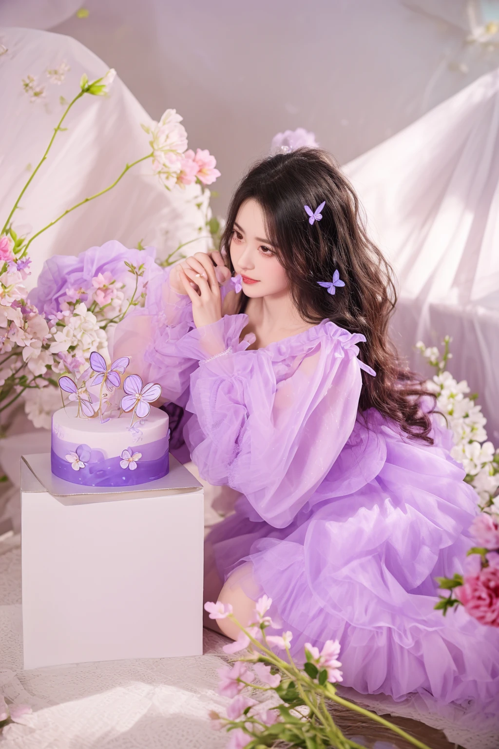 araffe woman in a purple dress sitting next to a cake, fairycore, aesthetic cute with flutter, ethereal fairytale, violet colored theme, fanart, happy birthday, wearing organza gown, lilac, purple aethetic, krystal, belle delphine, lavender blush, dilraba dilmurat, official artwork, violet theme, ethereal!!!!!!!, official fanart
