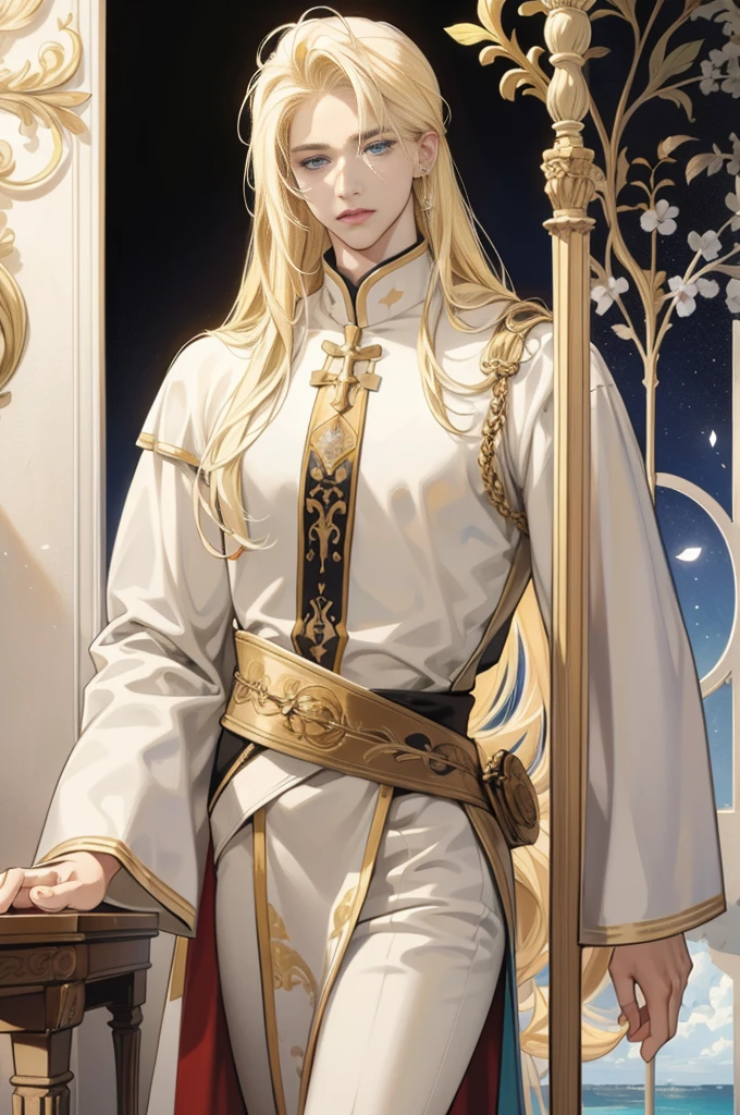 Detailed face of a 25 year old man, Full length blond, blonde hair, long hair, heavenly eyes handsome, tall and muscular boy, wears a white priest's robe, beautiful, ((in sacred attire)), gentle androgynous prince, white clothes, Male character design, In a black noble suit, full body character design