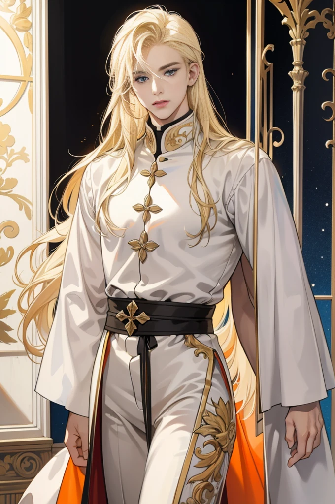 Detailed face of a 25 year old man, Full length blond, blonde hair, long hair, heavenly eyes handsome, tall and muscular boy, wears a white priest&#39;s robe, beautiful, ((in sacred attire)), gentle androgynous prince, white clothes,  Male character design, In a black noble suit, full body character design