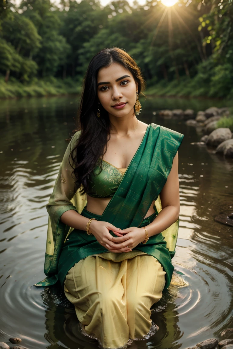 "Generate an  [ hyper realistic 8k ]image of a breathtaking woman in a vibrant green saree, seated beside a serene river. She playfully dips her hand into the water, creating mesmerizing ripples that reflect the golden hues of the setting sun. Her expression is one of joy and wonder, as she engages with the natural beauty around her, embodying grace and serenity."






