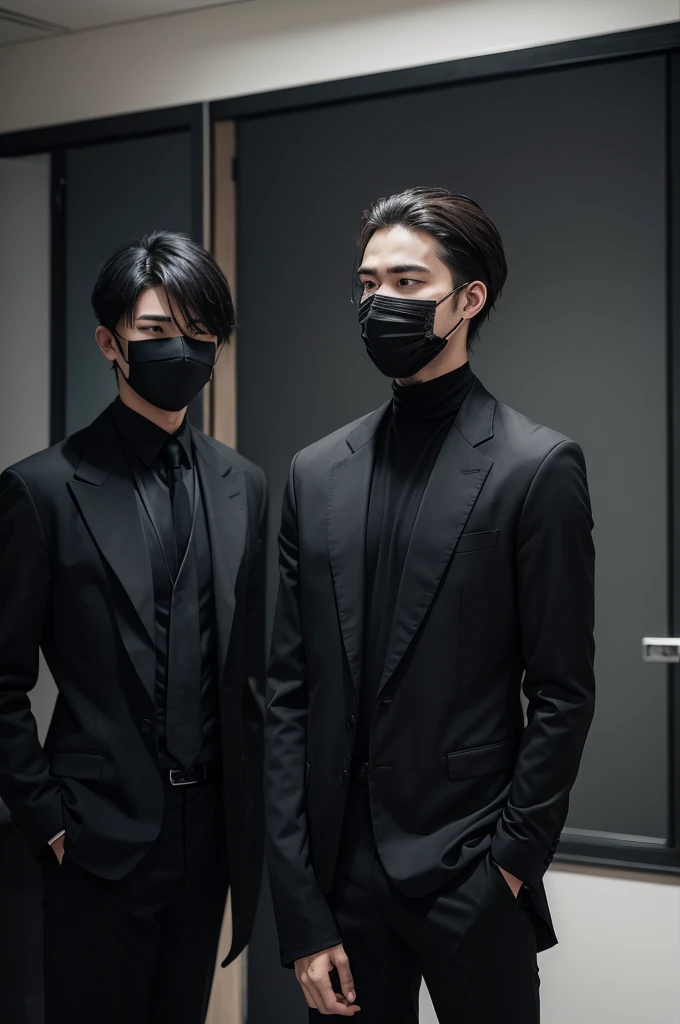 Men in all black clothes and masks in a gloomy room