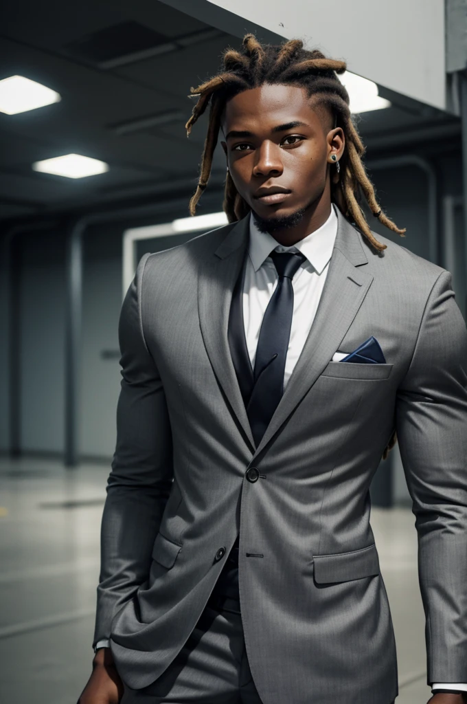 21 year old man from Congo, bulky muscular body, silver short dreadlock hair, strong, in gray business suit, on football field, heroic pose