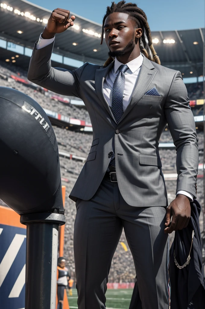 21 year old man from Congo, bulky muscular body, silver short dreadlock hair, strong, in gray business suit, on football field, heroic pose