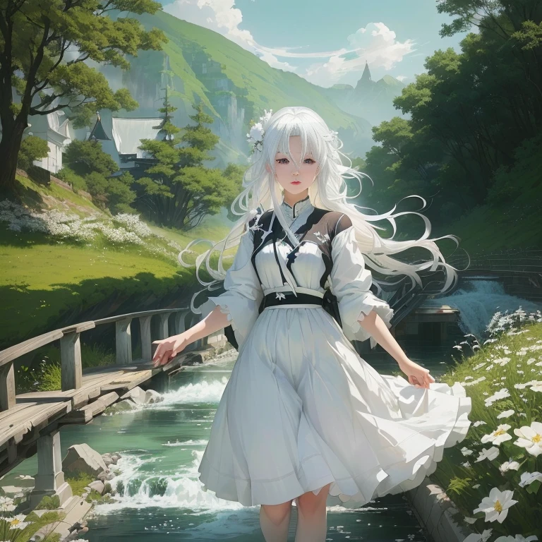 anime girl in white dress standing on a bridge over a river, girl with white hair, white haired deity, perfect white haired girl, flowing white hair, white haired lady, white haired,  in dress, white dress!! of silver hair, guweiz on pixiv artstation, white-haired, guweiz on artstation pixiv