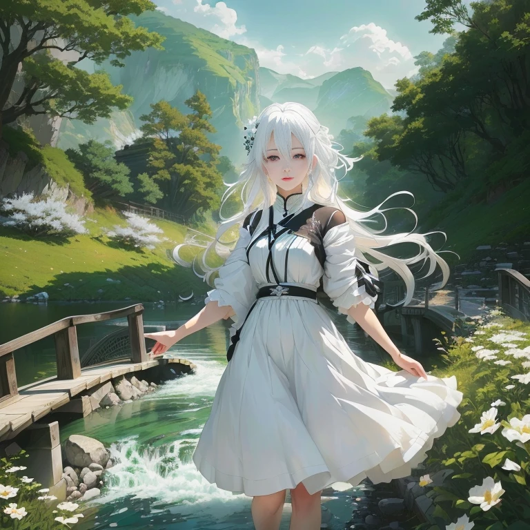 anime girl in white dress standing on a bridge over a river, girl with white hair, white haired deity, perfect white haired girl, flowing white hair, white haired lady, white haired, in dress, white dress!! of silver hair, guweiz on pixiv artstation, white-haired, guweiz on artstation pixiv
