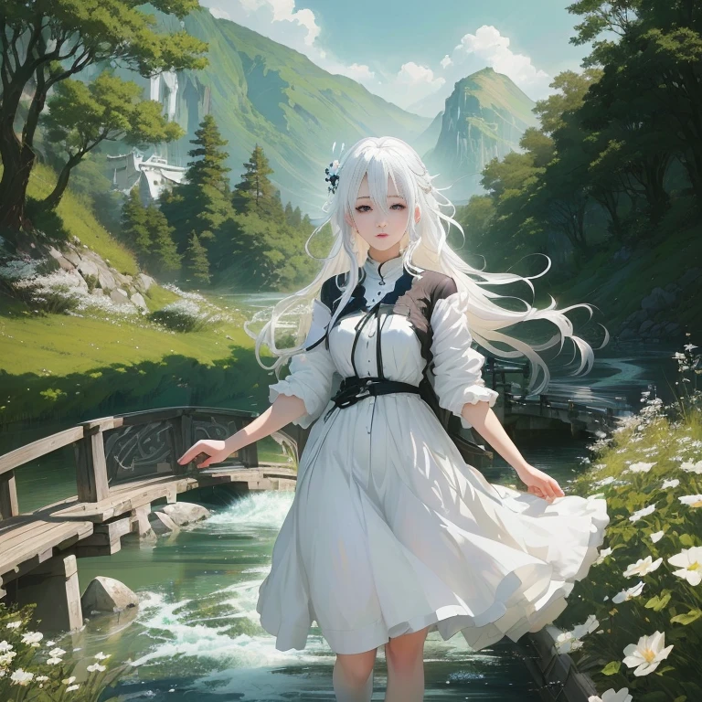 anime girl in white dress standing on a bridge over a river, girl with white hair, white haired deity, perfect white haired girl, flowing white hair, white haired lady, white haired, in dress, white dress!! of silver hair, guweiz on pixiv artstation, white-haired, guweiz on artstation pixiv