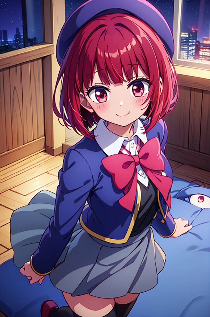 ((masterpiece)), ((best quality)), (ultra-detailed), ((kawaii)), cute, (lovely),(gleaming skin),from directly above,looking up at viewer, very close to viewers, view straight on, light blush, Wariza, ((seductive smile)), arima kana,aakana,red hair, short hair, ((hollow eyes)), beret, red eyes, blue headwear, red bowtie, collared shirt, blue jacket, open jacket, long sleeves, grey skirt,black thigh high socks,night,hotel room