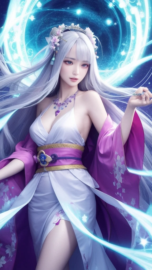 (masterpiece, top quality, 1 female, solo, exquisite details, chromatic aberration), (realistic), (skin), ((breathing)), (silver hair, blunt bangs, cropped straight long hair, short bangs, silver hair), beautiful hair, red headdress, highlights, hair on one eye, beautiful eyes, purple eyes, thick lips, earrings, piercing eyes, ((gold and white kimono)), ((symmetrical eyes)), ((perfectly symmetrical body)), ((perfectly symmetrical hands)), (purerosface_v1:0.3), full moon night, ((self, natural light))), bright lighting, flowers blooming in the background, in front of the viewer, ((central shot, from the front, (face and shoulders))), mysterious atmosphere, colorful flowers blooming around, light colored background, fortune teller in kimono, beautiful fortune teller, fortune teller, Fantasy female fortune teller, female fortune teller, fantasy photography, Japanese style, fortune teller in kimono, elegant cinematic fantasy art, fantasy woman, magician portrait, fortune teller, powerful wizard surrounded by mystical colorful flowers, holding a glowing heart crystal ball, eyes glowing with mystical energy, spells leaking from her mouth, vivid swirls of sorcery pulsating with iridescent hues appear in the air, magic permeates, flowers bloom, sacred creatures gaze in awe, threads of magical energy dance, reveal hidden realms, unravel secrets, capture the essence of this enchanting moment and bring to life the mysterious power of sorcery on a canvas of the highest quality and finest detail. Top Quality, Masterpiece, Ultra High Resolution, (Photorealistic: 1.4), RAW Photo, Sharp Focus, High Resolution, Detailed Skin.