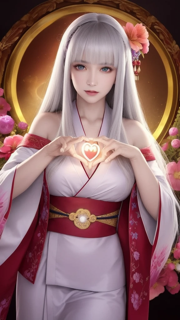 (masterpiece, top quality, 1 female, solo, exquisite details, chromatic aberration), (realistic), (skin), ((breathing)), (silver hair, blunt bangs, cropped straight long hair, short bangs, silver hair), beautiful hair, red headdress, highlights, hair on one eye, beautiful eyes, purple eyes, thick lips, earrings, piercing eyes, ((gold and white kimono)), ((symmetrical eyes)), ((perfectly symmetrical body)), ((perfectly symmetrical hands)), (purerosface_v1:0.3), full moon night, ((self, natural light))), bright lighting, flowers blooming in background, in front of viewer, ((central shot, from the front, (face and shoulders))), mysterious atmosphere, colorful flowers blooming around, bright colored background, shrine maiden in kimono, beautiful shrine maiden, Shrine maiden, fantasy female shrine maiden, female fortune telling shrine maiden, fantasy photography, Japanese style, elegant cinematic fantasy art, fantasy woman, sorceress portrait, powerful wizard surrounded by mystical colorful flowers, holding a glowing heart crystal ball, eyes glowing with mystical energy, spells leaking from her mouth, vibrant sorcery vortexes pulsating with rainbow hues appear in the air, magic permeates, flowers bloom, sacred creatures gaze in awe, threads of magical energy dance, reveal hidden realms, unravel secrets, capture the essence of this enchanting moment and bring to life the mystical power of sorcery on a canvas of the highest quality and finest detail. Top quality, masterpiece, ultra high resolution, (photorealistic: 1.4), RAW photo, sharp focus, high resolution, detailed skin.
Flowers blooming all around, bright colored background, fortune teller in kimono, beautiful fortune teller, fortune teller, fantasy female fortune teller, female fortune teller, fantasy photography, Japanese style, fortune teller in kimono, elegant cinematic fantasy art, fantasy woman, magician portrait, fortune teller, powerful wizard surrounded by mystical colorful flowers, holding a glowing heart c