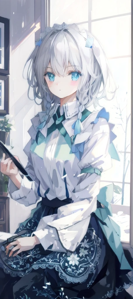 (masterpiece), (best quality), (1 girl)), Astonishing, eyes in beautiful detail, Fine details, Depth of Field, The original, ((best quality)), ((Very detailed)), (Best Illustration Award), (Optimal lighting, The best shadow), (Very refined)), Very detailed的壁纸从视图, landscape, Young Girls, , whole body, Medium breasts,winter, Light, Light makeup, Internal, blush, Looking out the window, Wind Blow, floating, Sitting at the table, Glass Windows, Mirror, Sakuya sixteen lives, Silver Hair, Maid costume, White apron, The skirt is very short, Sexy pose, Flying Knife, Take a knife, Sleeveless, Delicate face, Delicate eyes, Fresh blue eyes, Big green ribbon, Blue clothing, Double braid, Little green ribbon