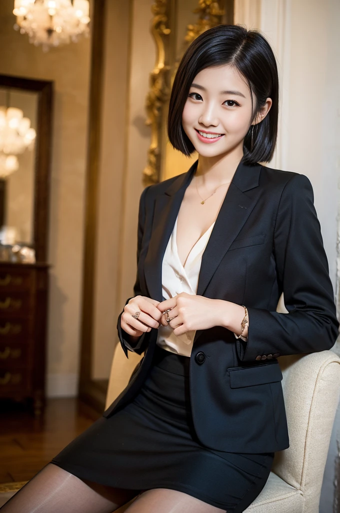 Pure young Japanese girl, wearing dark colors style suits and skirts, vivid makeup, natural black hair styles, sitting in antique in style rooms, sweet smile, sexual attractive, professional portrait photography, midnight,