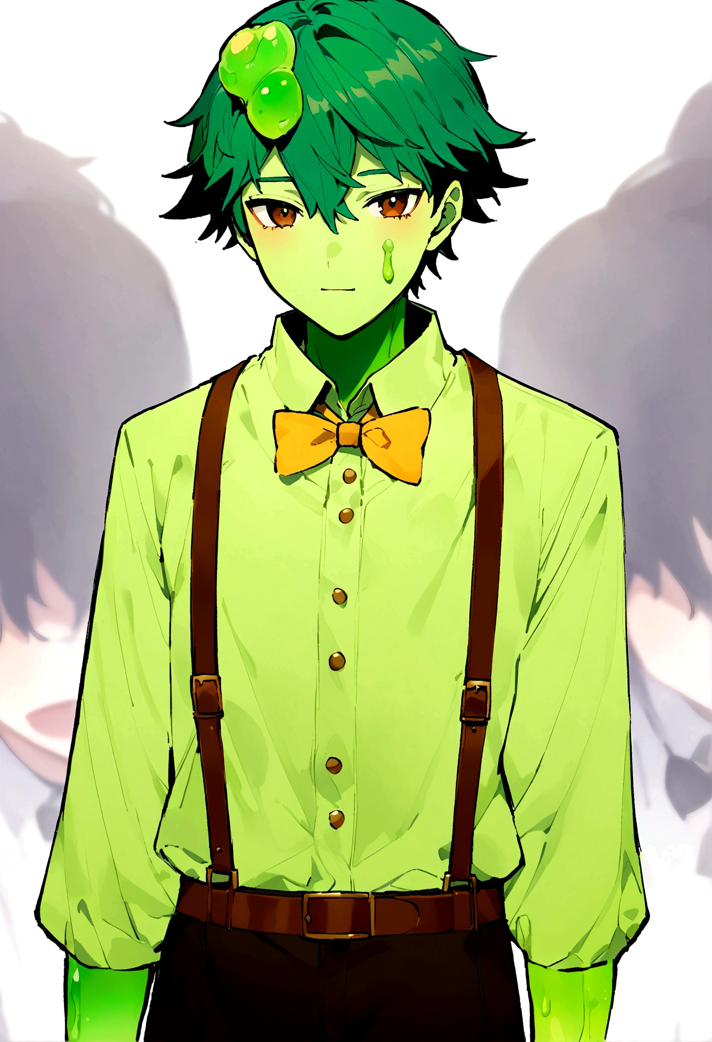 A 17 year old male ager with a green jelly skin, brown eyes and a blue, green hair, wearing a light green shirt wearing brown straps, and black pants and a yellow bowtie.