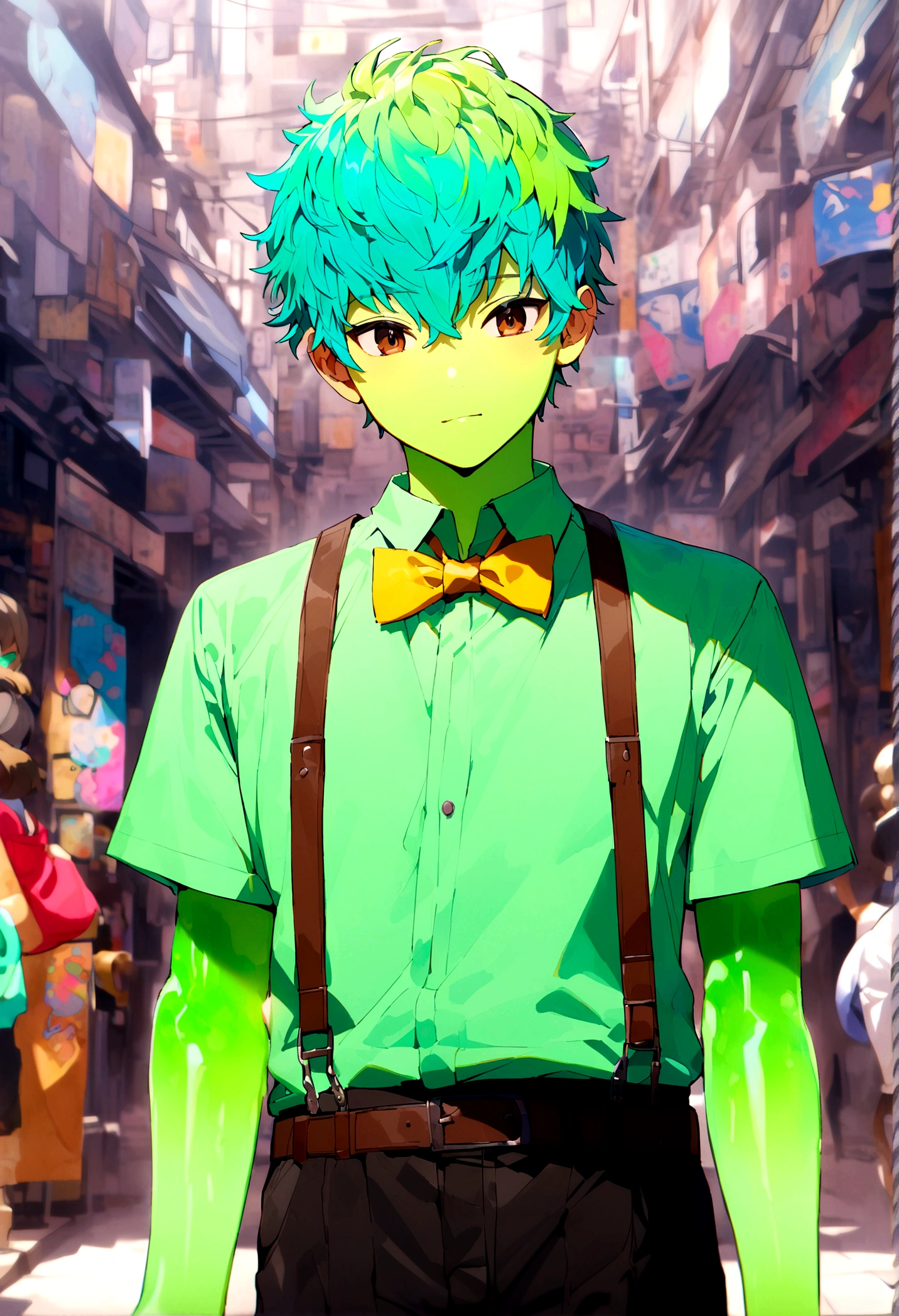 A 17 year old male teenager with a green jelly skin, brown eyes and a blue, green hair, wearing a light green shirt wearing brown straps, and black pants and a yellow bowtie.