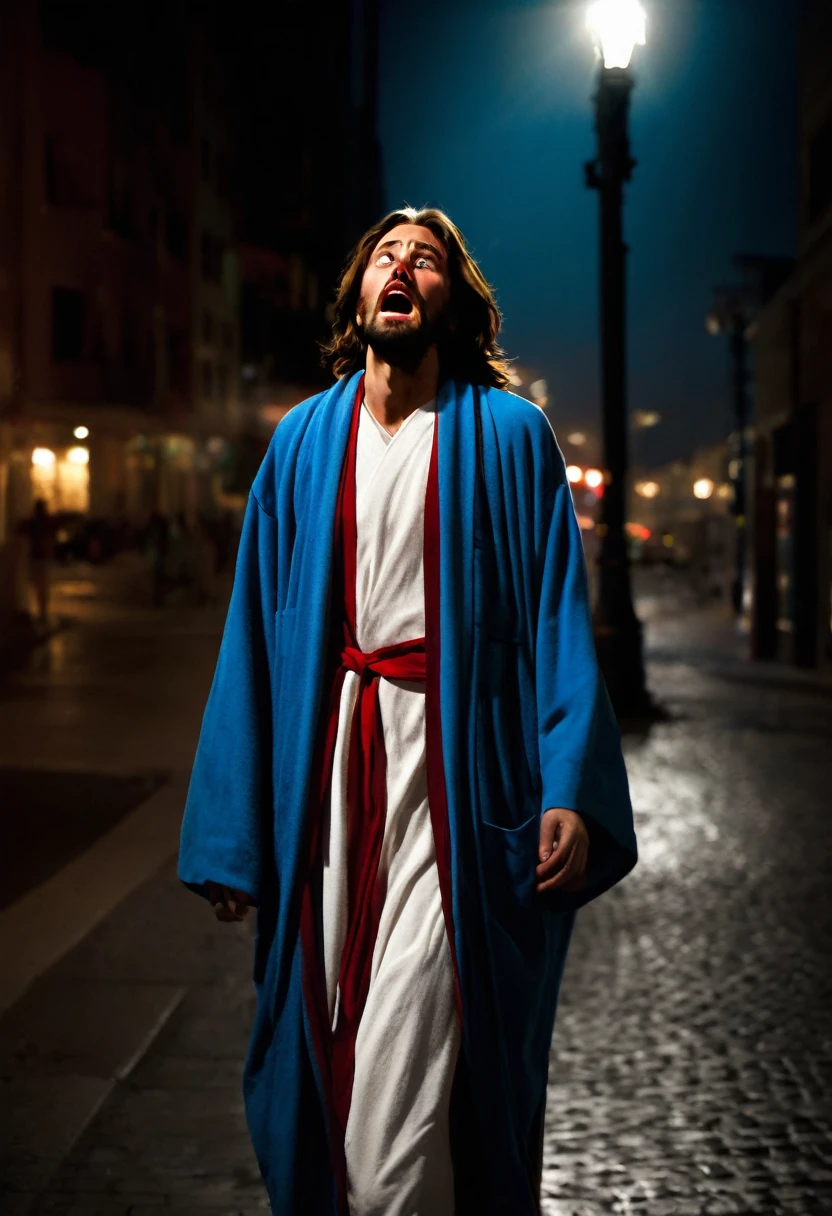 nighttime city, paved streets, tall buildings, urban lights, Void, search, person walking, modern clothing, anguish, desperation, tiredness, disorientation, jesus, White tunic, blue robe, red robe, serene expression, welcoming, open arms, hug, Emotion, Relief, soft lighting, street lamps, warm glow, Drama, Emotion, eyeshadows, contrasts, emotional depth, Facial expressions, anguish, Peace.