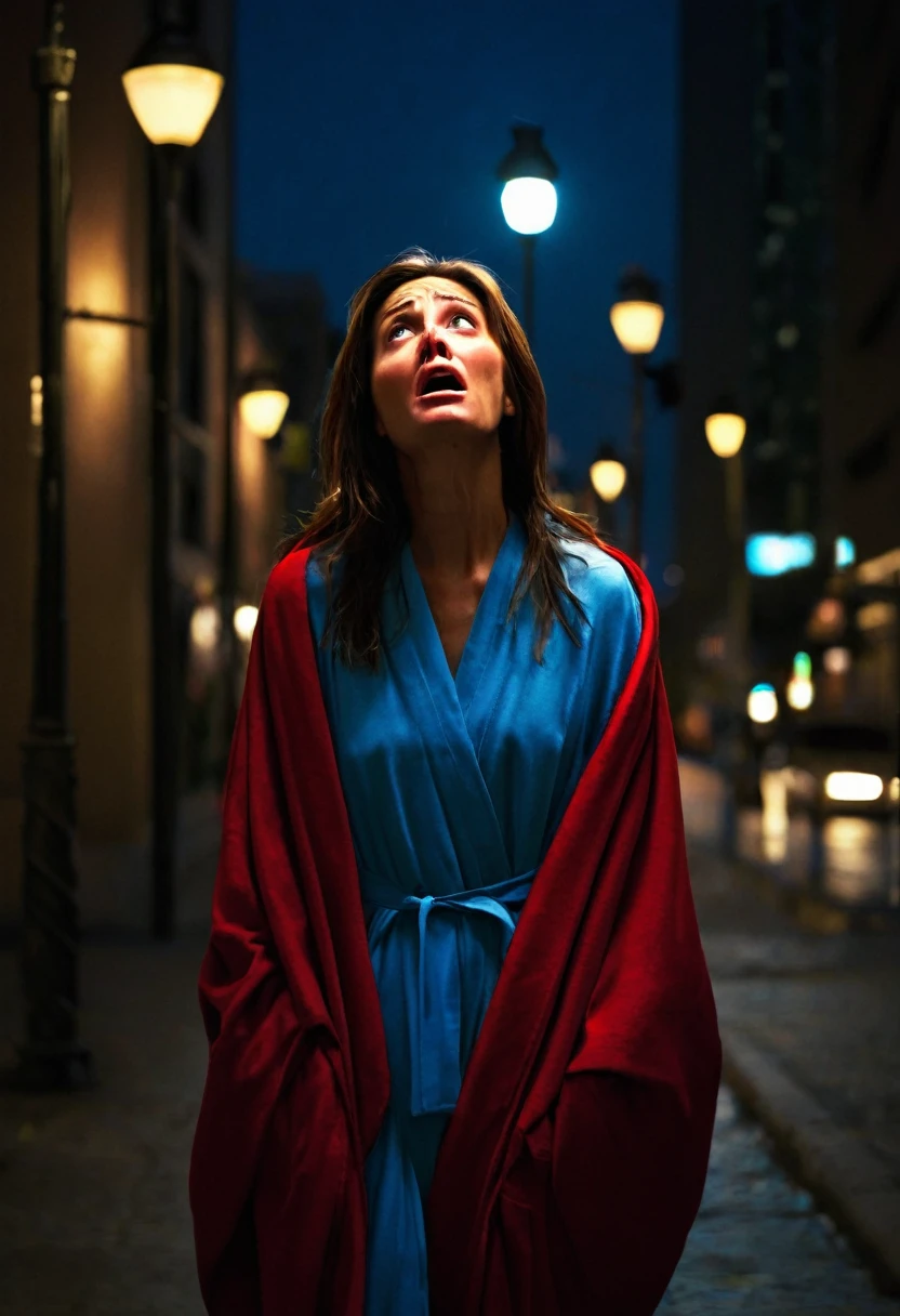 nighttime city, paved streets, tall buildings, urban lights, Void, search, person walking, modern clothing, anguish, desperation, tiredness, disorientation, jesus, White tunic, blue robe, red robe, serene expression, welcoming, open arms, hug, Emotion, Relief, soft lighting, street lamps, warm glow, Drama, Emotion, eyeshadows, contrasts, emotional depth, Facial expressions, anguish, Peace.
