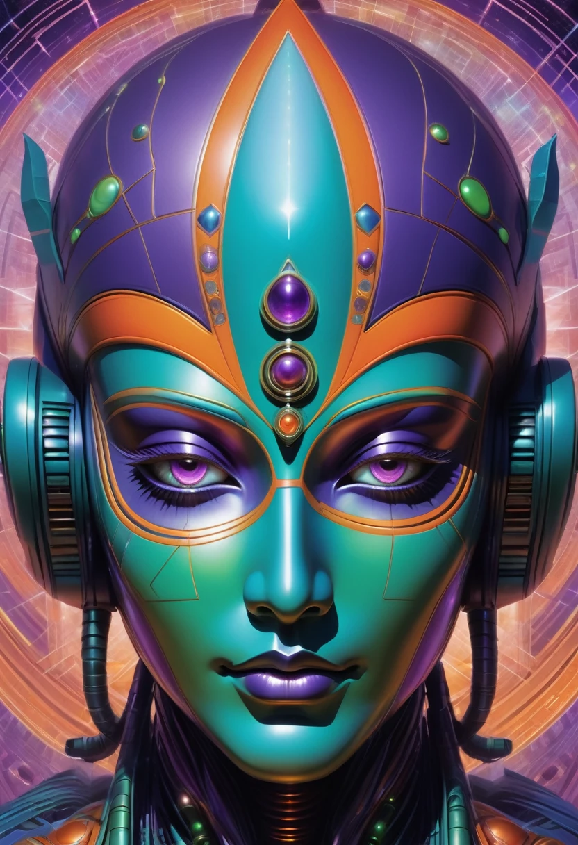 indian robotic face mystical dimensional god seen from the front, futuristic and geometric technology backdrop, spirit, dmr, md, mdma, intergalactic thc, other planets and mirror effects, colors, purple, green, blue and orange.electronic album cover