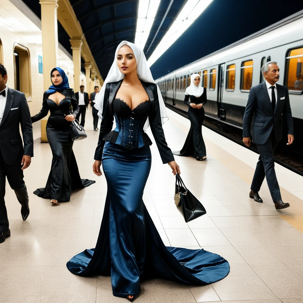 A woman secretary in the black night gown, wear corset with bra expose, wear blazer,wearing satin hijab, full body,mermaid tight long gown, flowy dramatic long gown,very long flor length gown, tall women, walk in the train station, between passanger, in the middle of the crowd, walking in a hurry,carry a bag, sexy face, sexy pose, wear high heels, masterpice, hyper realistic