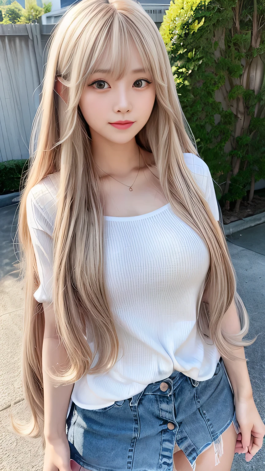 Silver Shiny Hair、Super long straight silky hair、Dazzling blonde, super long, silky hair、16 year old cute little beautiful face、Beautiful girl、A radiant blonde dancing in front of a beautiful face、length, Silky bangs that cover the area between the eyes、so beautiful, bright, big, bright青い目、Very big eyes、Hair that hides the face、Sexy and cute young woman with super long bangs、Very white skin、Cheek Gloss Highlighter、Small Face Beauty、Cute Shirts、Ample Bust