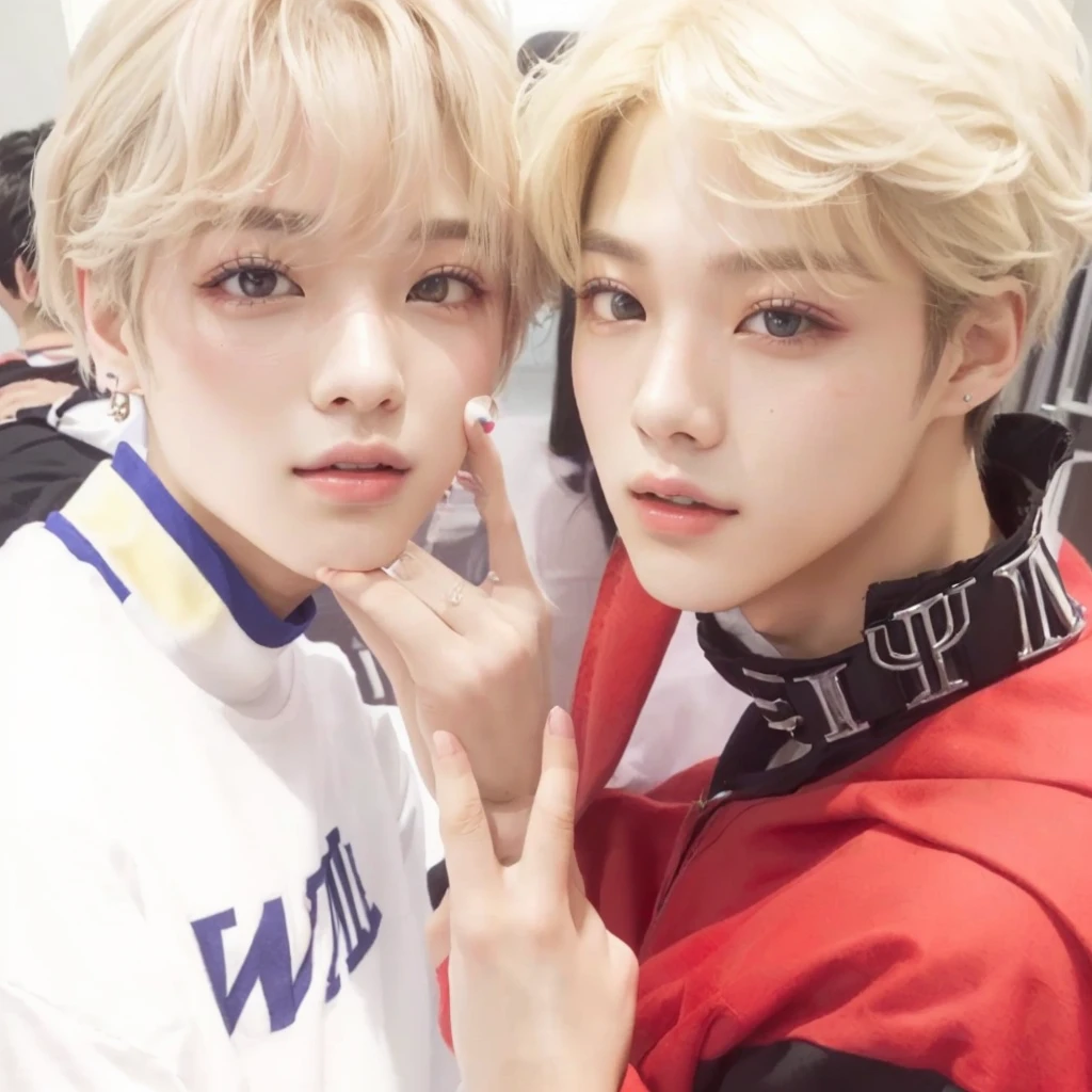 two young people posing for a photo in a room, Jimin\the full lips, Jimin, BTS, accurate Jimin face, Jimin\the Greek nose, nixeu e sakimichan, Jimin\the right eyelid is swollen, all from the group nct, They are close to each other, ❤🔥🍄🌪, park Jimin