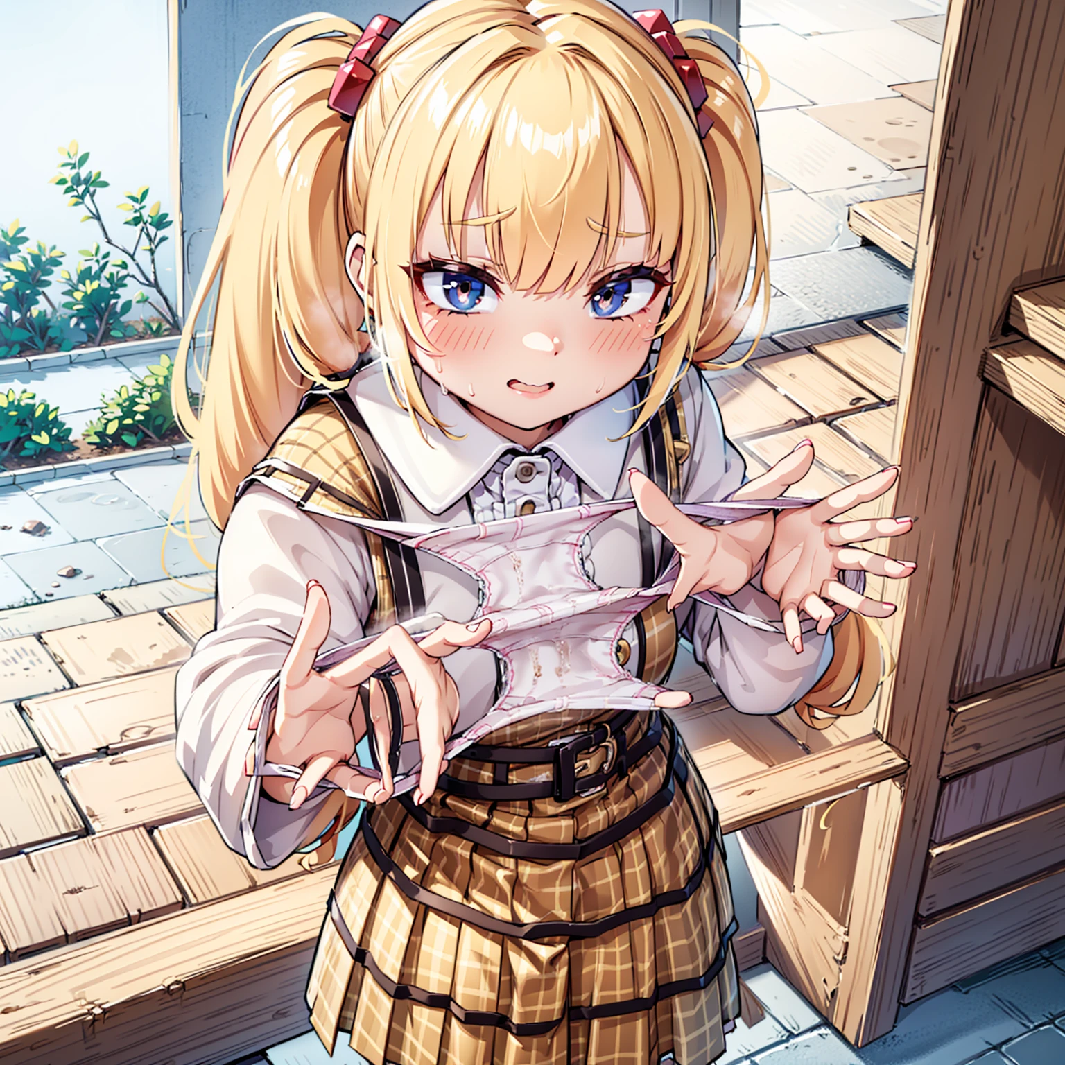 blonde, {{{Half Twin Tail:1.3}}}、shirt, blush, white shirt, hair ornaments, Manicure, Plaid skirt, Pleated skirt,
,Pay attention to the panties,
Looking down,View your audience,Panties as a gift,Tabletop, Highest quality, Perfect Skin, Detailed skin texture, Super detailed, 8K, Intricate details, Beautifully detailed face,High resolution,
 Looking down at the viewer, masterpiece, (Panties are stained with pee)、(Pussy、Love Juice)、Sweat、(body odor),perfect hands