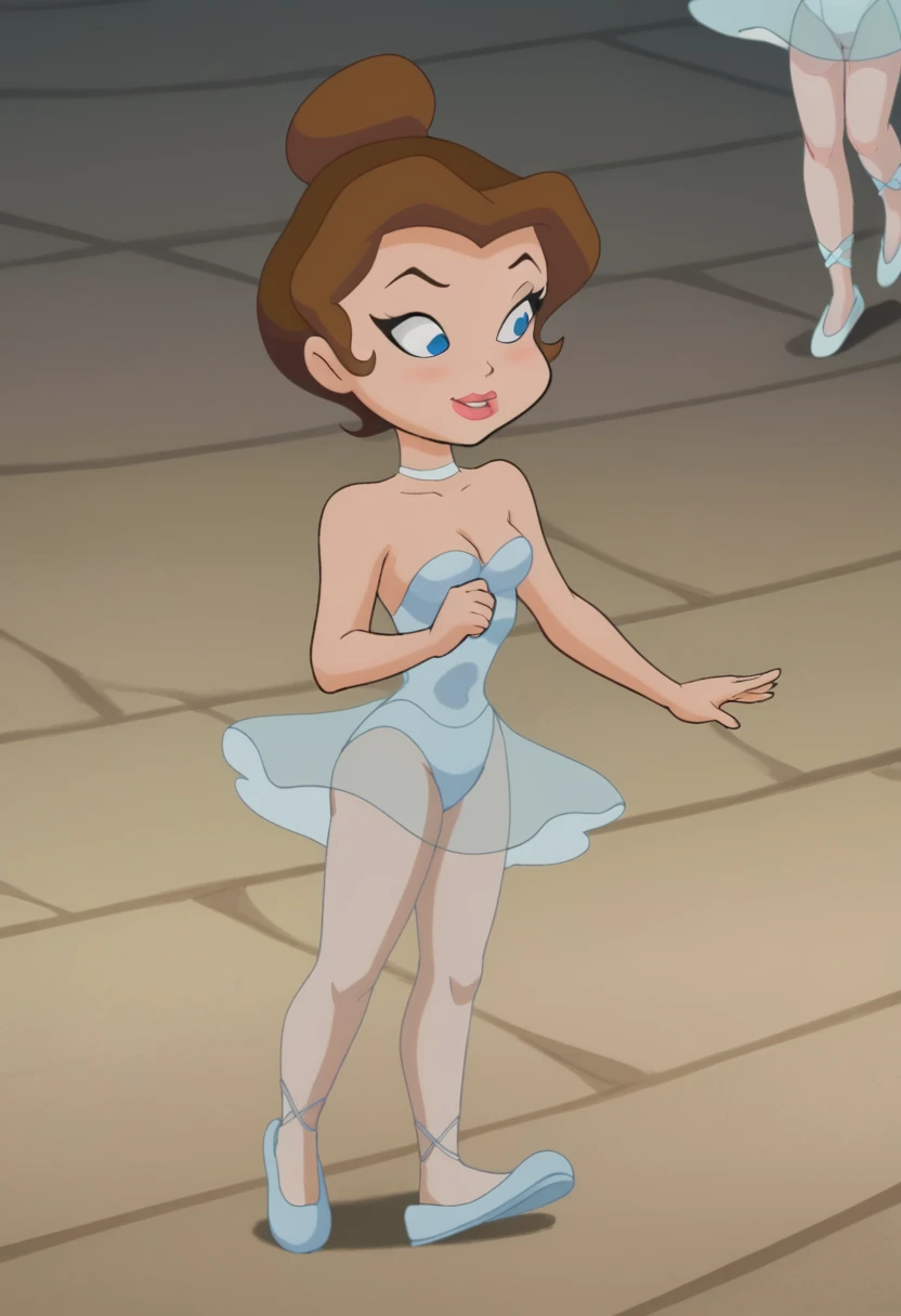 score_9, score_8, score_9, BREAK, LPB, brown hair, hair bun, blue eyes, leotard, ballet slippers