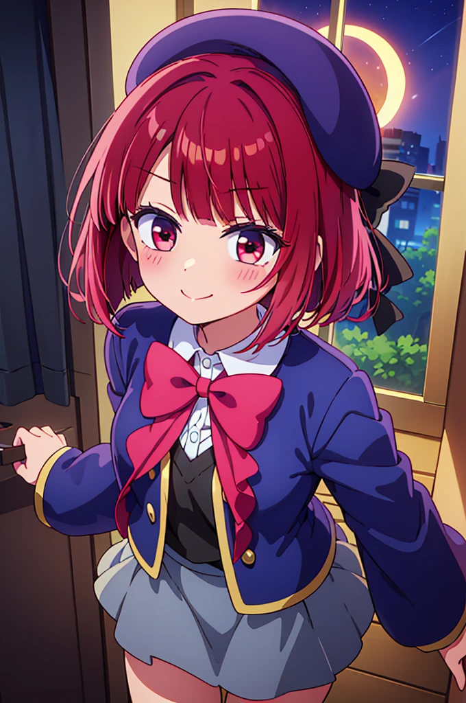 ((masterpiece)), ((best quality)), (ultra-detailed), ((kawaii)), cute, (lovely),(gleaming skin),from directly above,looking up at viewer, very close to viewers, view straight on, light blush, Wariza, ((seductive smile)), arima kana,aakana,red hair, short hair, ((hollow eyes)), beret, red eyes, blue headwear, red bowtie, collared shirt, blue jacket, open jacket, long sleeves, grey skirt,black thigh high socks,night,hotel room