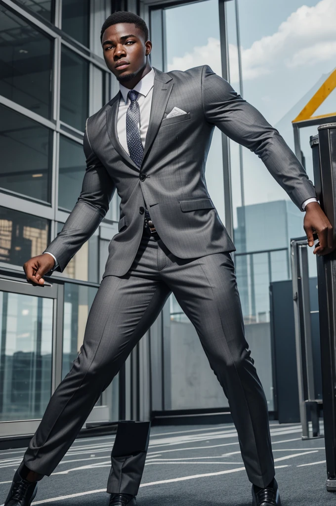 21 year old man from Congo, bulky muscular body, silver cornrow hair, strong, in gray business suit, on football field, heroic pose