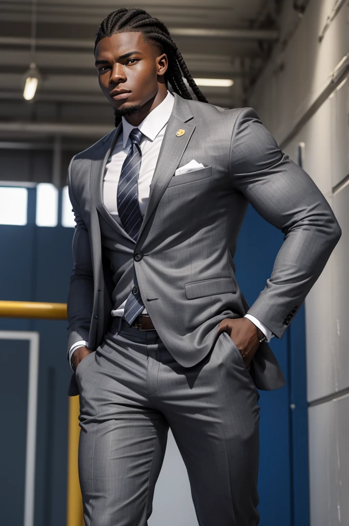 21 year old man from Congo, bulky muscular body, silver cornrow hair, strong, in gray business suit, on football field, heroic pose