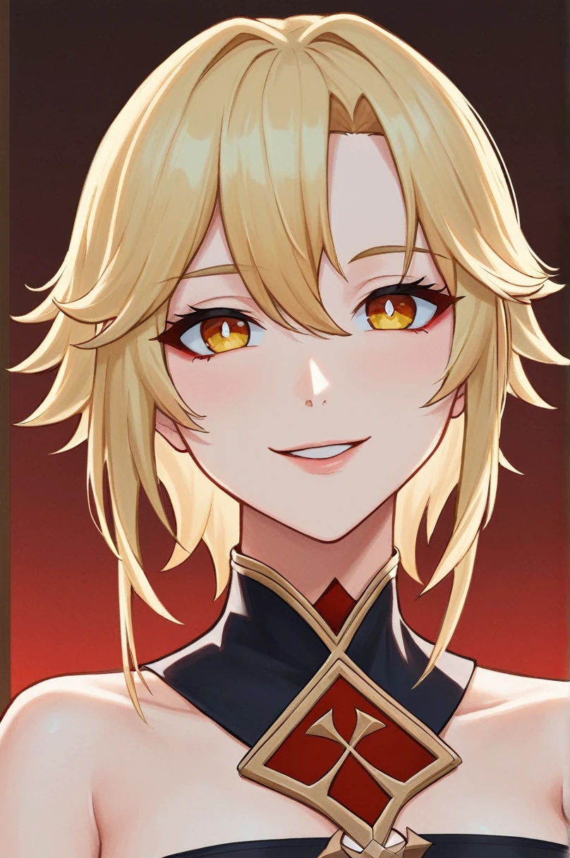 punctuation_9,
Uneven Eyes,
evil smile, 1 girl,
parted lips, drlight smile,
tilt your head,
John \(impacto genshin\),
high resolution, work of art