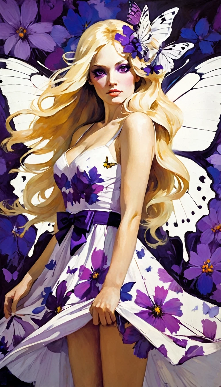 butterfly style, white hell, sexy, flower, floral print, butterfly, long hair, blonde hair, floral dress, bow, masterpiece, best quality, purple eyes, (art inspired by Bill Sienkiewicz). oil painting)