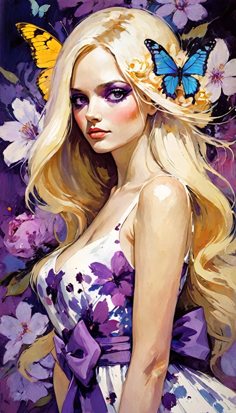 butterfly style, white hell, sexy, flower, floral print, butterfly, long hair, blonde hair, floral dress, bow, masterpiece, best quality, purple eyes, (art inspired by Bill Sienkiewicz). oil painting)