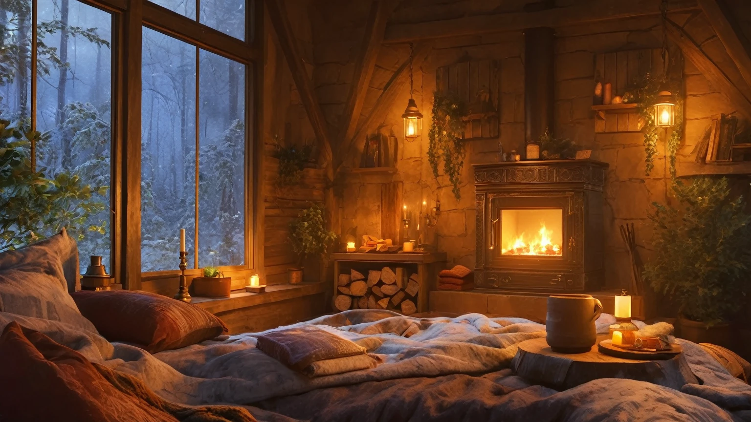 arafed room with a fireplace and a bed with pillows and blankets, cozy wallpaper, cozy place, cozy room, cozy environment, cozy home background, cozy and calm, cozy atmospheric, warm interior, cosy atmoshpere, cozy and peaceful atmosphere, cozy atmosphere, relaxing concept art, cozy setting, cosy enchanted scene, cozy aesthetic, warm living room, warm beautiful scenearafed room with a fireplace and a bed with pillows and blankets, cozy wallpaper, cozy place, cozy room, cozy environment, cozy home background, cozy and calm, cozy atmospheric, warm interior, cosy atmoshpere, cozy and peaceful atmosphere, cozy atmosphere, relaxing concept art, cozy setting, cosy enchanted scene, cozy aesthetic, warm living room, warm beautiful scene