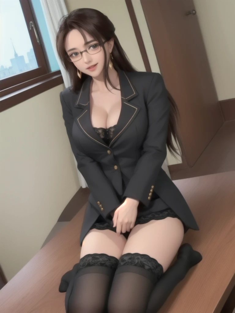 (high quality:1.1), Cinema Lighting, Highly detailed, blooming,
Izumi, Mature Woman, teacher, A girl, alone, Sitting at a table, window, Cowboy Shot,
Look at your audience, Beautiful eyes, Charming smile, blush, Open your mouth,
Brown hair, long hair, Lift your hair, Single hair swallowing, Big eyes, Green eyes, compensation, Glasses, jewelry, Earrings,
Suit Skirt, (black knee socks:1.1), underwear,
Big Breasts, Cleavage, Thighs, Long Legs, Underwear
Complicated and intricate room background, Day, Day光, Cityscape,
