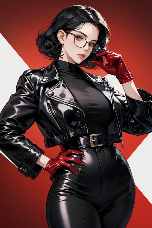 A mature woman with short black hair, a curly hairstyle, and glasses, wearing a black leather jacket, black patent leather leggings, and red patent leather gloves