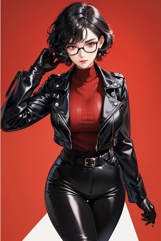 A mature woman with short black hair, a curly hairstyle, and glasses, wearing a black leather jacket, black patent leather leggings, and red patent leather gloves