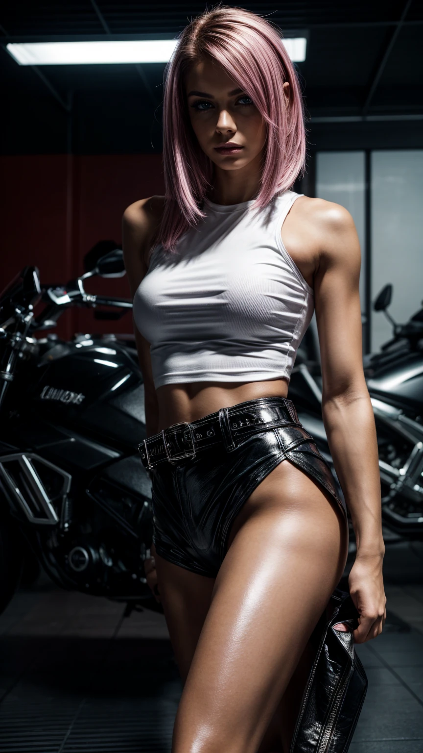 Seductive and confident look. Distant image. Muscular, visible veins. Folded arms, Long legs. Slim age european girl. Shiny leather shorts, sneakers, white shirt. Motorbike garage. Pink hair, sidecut. Piercing. backlit, smirk, belt, backlit, perfect sultry make-up, cinematic, realistic, high contrast, visually rich,piercing eyes, strong eyeliner, mesmerizing eyes, elegant, graceful, natural beauty, charismatic, versatile, photogenic, very detailed