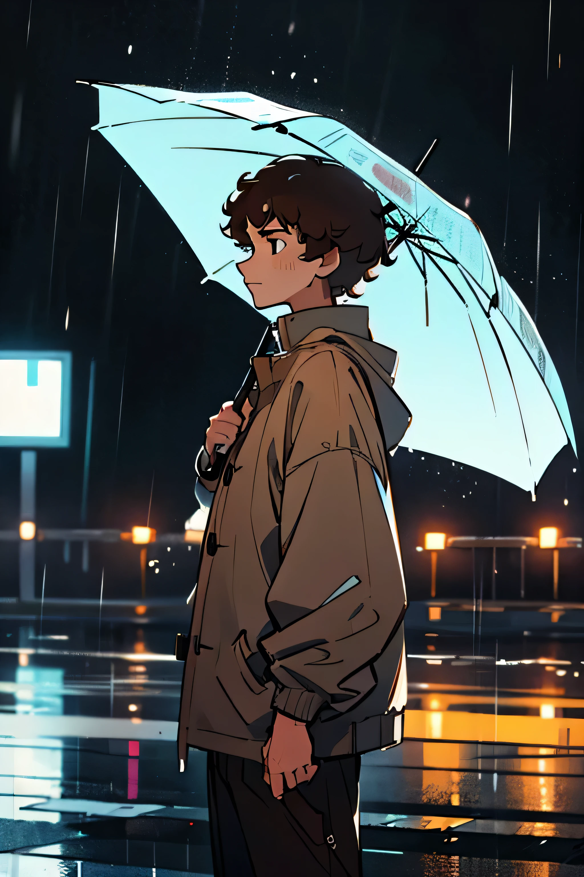 White man, 25 years, Short Curly Brown Hair, Casual clothes, rain, sad, looking back, in the rain, Alone, all Alone