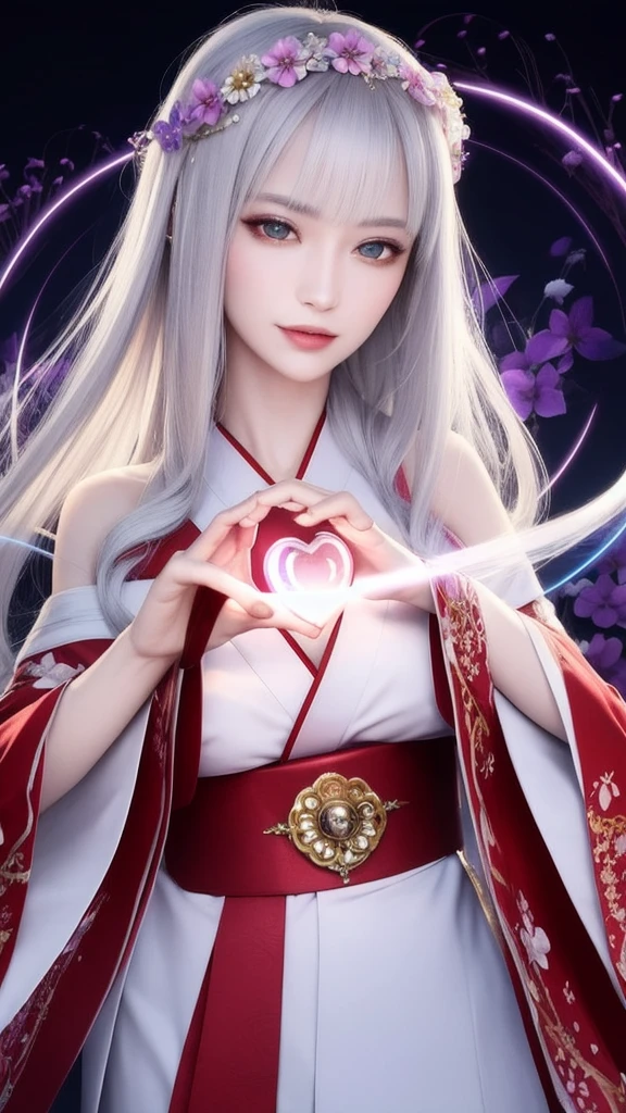 (masterpiece, top quality, 1 female, solo, exquisite details, chromatic aberration), (realistic), (skin), ((breathing)), (silver hair, blunt bangs, cropped straight long hair, short bangs, silver hair), beautiful hair, red headdress, highlights, hair on one eye, beautiful eyes, purple eyes, thick lips, earrings, piercing eyes, ((gold and white kimono)), ((symmetrical eyes)), ((perfectly symmetrical body)), ((perfectly symmetrical hands)), (purerosface_v1:0.3), full moon night, ((self, natural light))), bright lighting, flowers blooming in background, in front of viewer, ((central shot, from the front, (face and shoulders))), mysterious atmosphere, colorful flowers blooming around, bright colored background, shrine maiden in kimono, beautiful shrine maiden, Shrine maiden, fantasy female shrine maiden, female fortune telling shrine maiden, fantasy photography, Japanese style, elegant cinematic fantasy art, fantasy woman, sorceress portrait, powerful wizard surrounded by mystical colorful flowers, holding a glowing heart crystal ball, eyes glowing with mystical energy, spells leaking from her mouth, vibrant sorcery vortexes pulsating with rainbow hues appear in the air, magic permeates, flowers bloom, sacred creatures gaze in awe, threads of magical energy dance, reveal hidden realms, unravel secrets, capture the essence of this enchanting moment and bring to life the mystical power of sorcery on a canvas of the highest quality and finest detail. Top quality, masterpiece, ultra high resolution, (photorealistic: 1.4), RAW photo, sharp focus, high resolution, detailed skin.
Flowers blooming all around, bright colored background, fortune teller in kimono, beautiful fortune teller, fortune teller, fantasy female fortune teller, female fortune teller, fantasy photography, Japanese style, fortune teller in kimono, elegant cinematic fantasy art, fantasy woman, magician portrait, fortune teller, powerful wizard surrounded by mystical colorful flowers, holding a glowing heart c