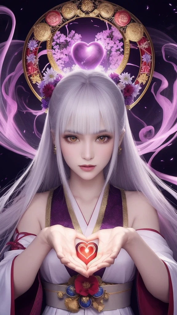 (masterpiece, top quality, 1 female, solo, exquisite details, chromatic aberration), (realistic), (skin), ((breathing)), (silver hair, blunt bangs, cropped straight long hair, short bangs, silver hair), beautiful hair, red headdress, highlights, hair on one eye, beautiful eyes, purple eyes, thick lips, earrings, piercing eyes, ((gold and white kimono)), ((symmetrical eyes)), ((perfectly symmetrical body)), ((perfectly symmetrical hands)), (purerosface_v1:0.3), full moon night, ((self, natural light))), bright lighting, flowers blooming in background, in front of viewer, ((central shot, from the front, (face and shoulders))), mysterious atmosphere, colorful flowers blooming around, bright colored background, shrine maiden in kimono, beautiful shrine maiden, Shrine maiden, fantasy female shrine maiden, female fortune telling shrine maiden, fantasy photography, Japanese style, elegant cinematic fantasy art, fantasy woman, sorceress portrait, powerful wizard surrounded by mystical colorful flowers, holding a glowing heart crystal ball, eyes glowing with mystical energy, spells leaking from her mouth, vibrant sorcery vortexes pulsating with rainbow hues appear in the air, magic permeates, flowers bloom, sacred creatures gaze in awe, threads of magical energy dance, reveal hidden realms, unravel secrets, capture the essence of this enchanting moment and bring to life the mystical power of sorcery on a canvas of the highest quality and finest detail. Top quality, masterpiece, ultra high resolution, (photorealistic: 1.4), RAW photo, sharp focus, high resolution, detailed skin.
Flowers blooming all around, bright colored background, fortune teller in kimono, beautiful fortune teller, fortune teller, fantasy female fortune teller, female fortune teller, fantasy photography, Japanese style, fortune teller in kimono, elegant cinematic fantasy art, fantasy woman, magician portrait, fortune teller, powerful wizard surrounded by mystical colorful flowers, holding a glowing heart c