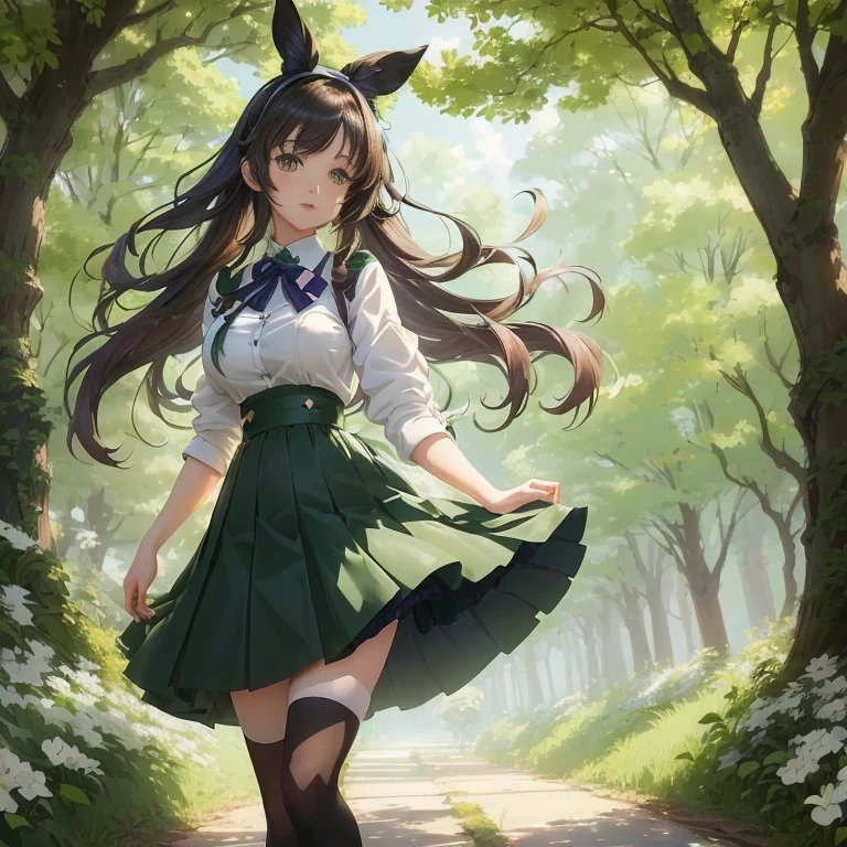 anime girl in a green skirt and white shirt walking down a path, beautiful anime girl, beautiful anime high school girl, anime moe artstyle, anime style 4 k, a maid in a magical forest, smooth anime cg art, anime lush john 8k woods, anime wallaper, cute anime girl, pretty anime girl, beautiful anime, anime visual of a cute girl
