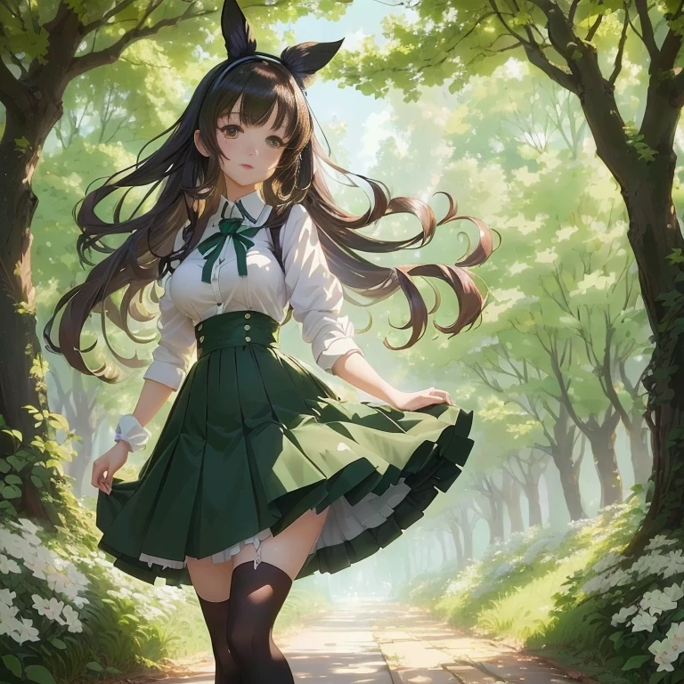 anime girl in a green skirt and white shirt walking down a path, beautiful anime girl, beautiful anime high school girl, anime moe artstyle, anime style 4 k, a maid in a magical forest, smooth anime cg art, anime lush john 8k woods, anime wallaper, cute anime girl, pretty anime girl, beautiful anime, anime visual of a cute girl